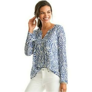 Vineyard Vines Nautical Zebra Print Pintuck Blouse in Royal Ocean S in EUC